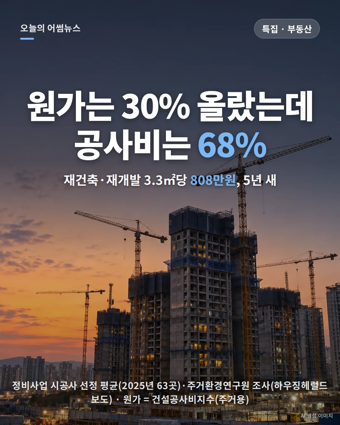 재건축 공사비 3.3㎡당 808만원(2025): 5년 상승률·지역별·건설공사비지수 비교