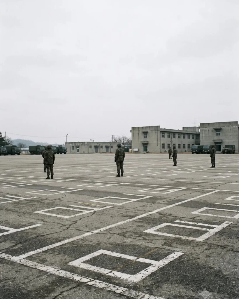 사람이 없는 연병장에 텅 빈 국기 게양대와 그림자만 길게 드리워 있다.