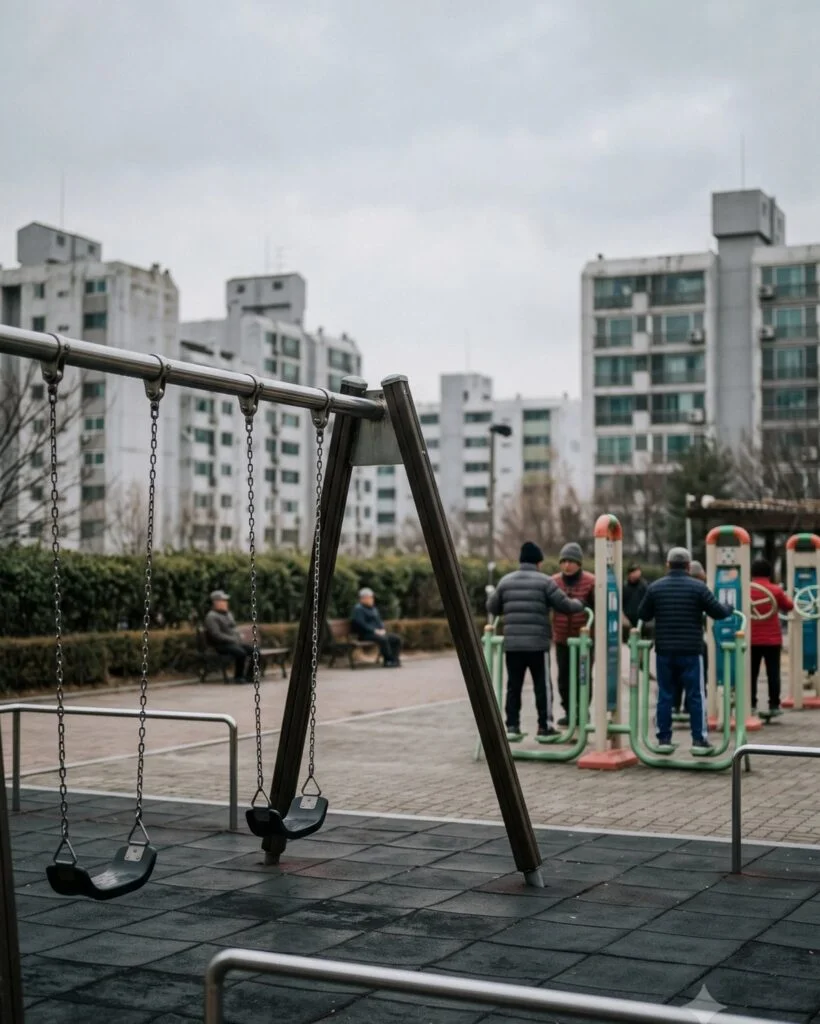 아무도 없는 놀이터에 그네 하나가 조용히 흔들리고 있는 장면.