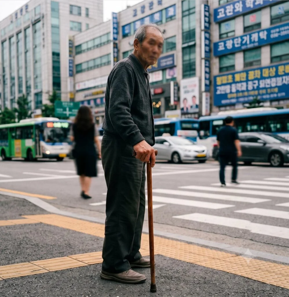 지팡이를 짚은 어르신의 손이 횡단보도 앞에 서 있는 모습.