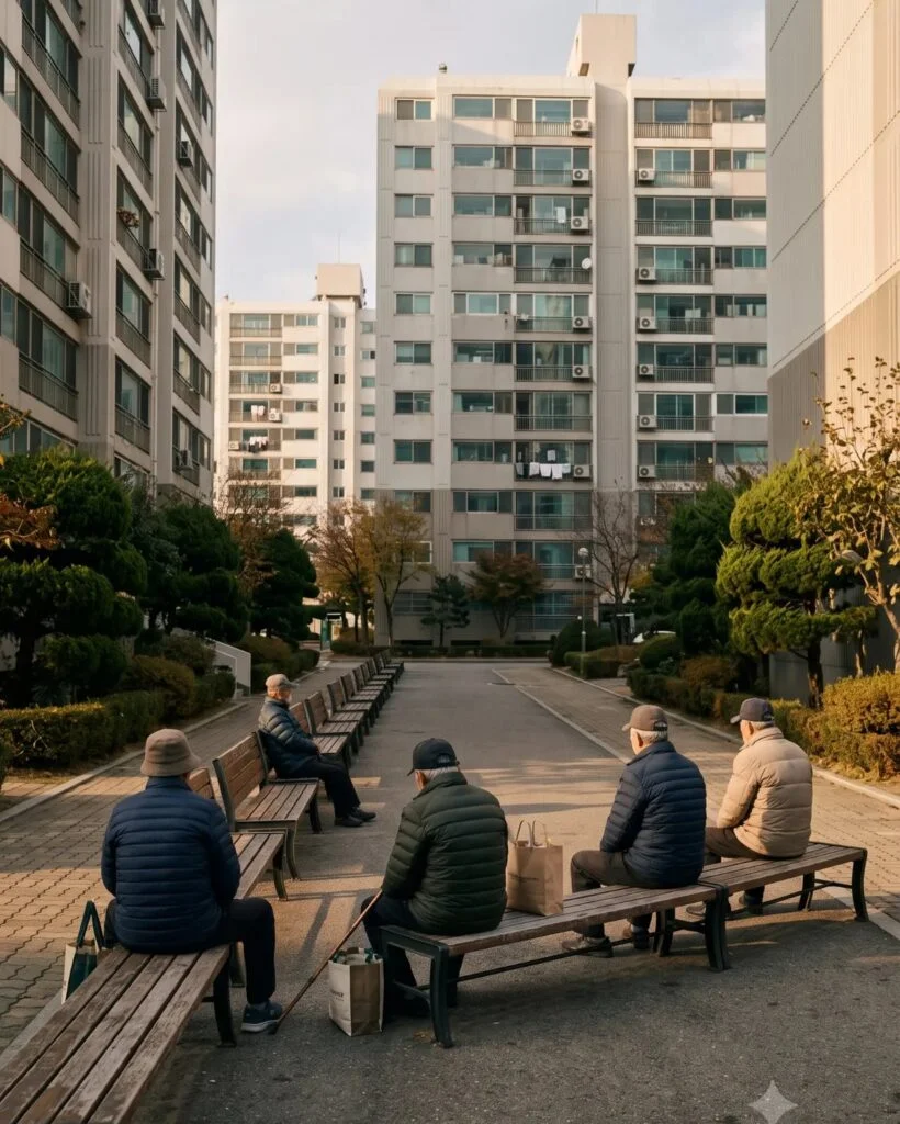 가을 공원의 빈 벤치 여러 개가 나란히 놓여 있는 풍경.