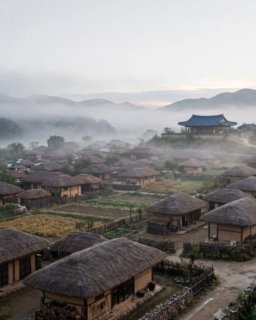 A Joseon-era village of tiled and thatched roof houses.