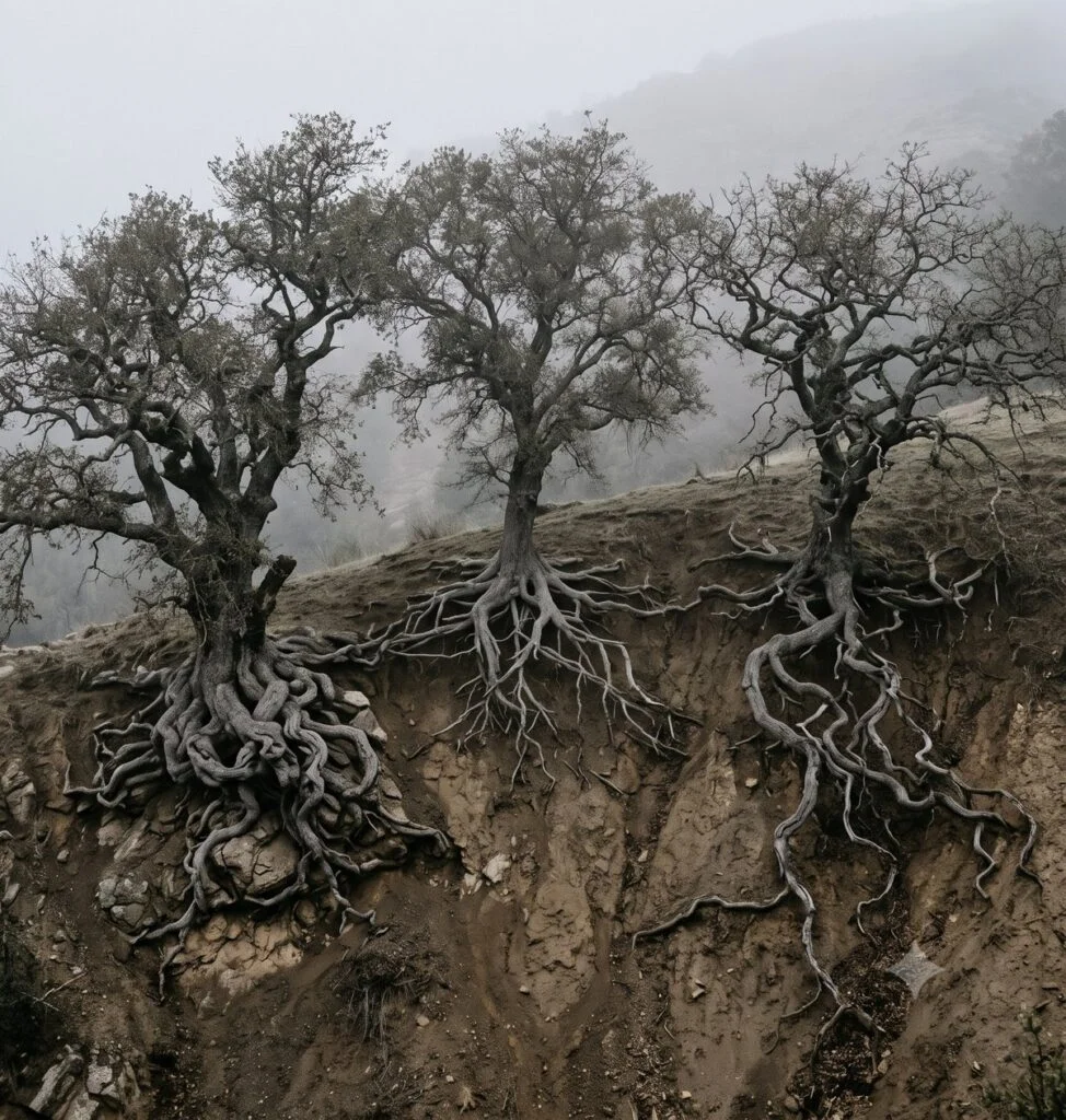 Thick tree roots spreading in many directions across forest ground.