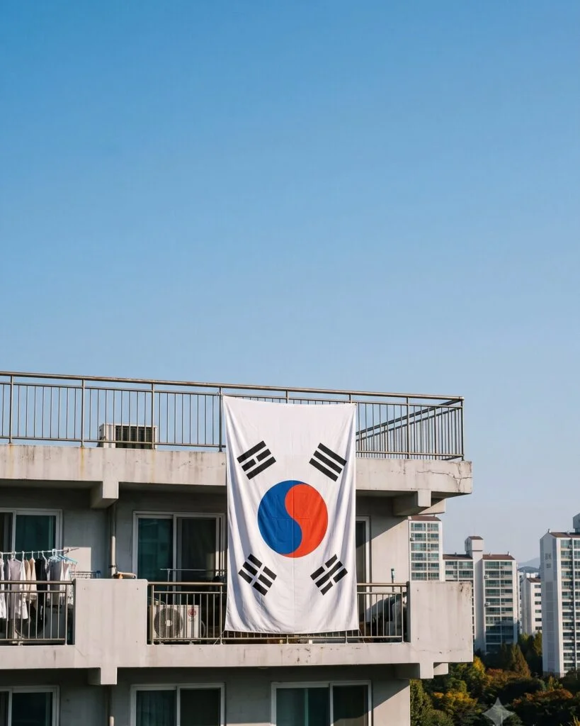 푸른 하늘을 배경으로 걸려 있는 태극기 한 장