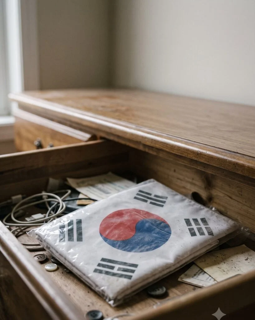 맑은 하늘 아래 바람에 펄럭이는 태극기 한 폭