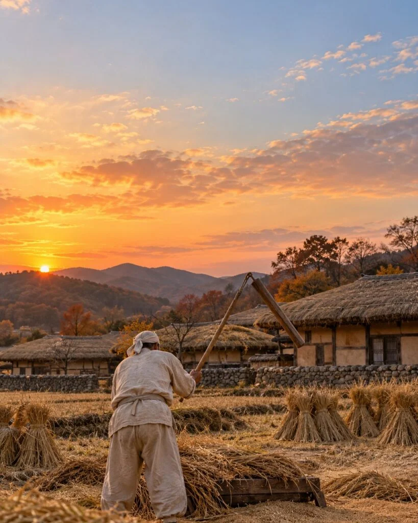 가을 논에서 벼를 타작하는 풍경