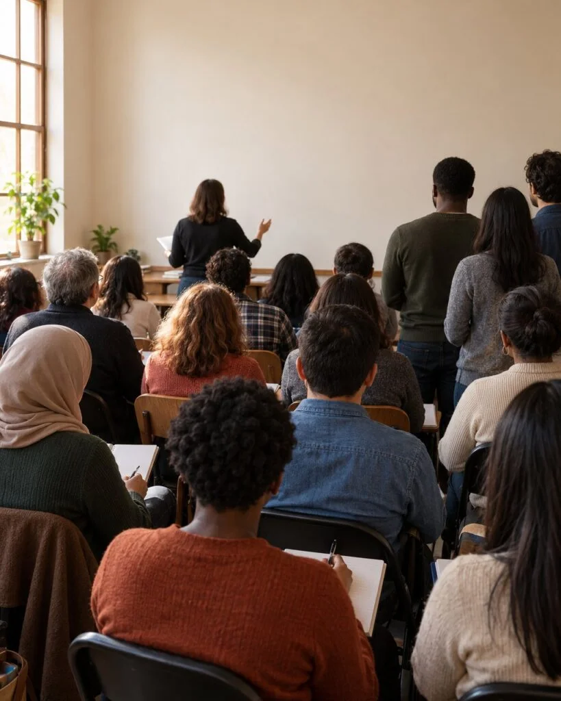 Students waiting outside a language-institute classroom