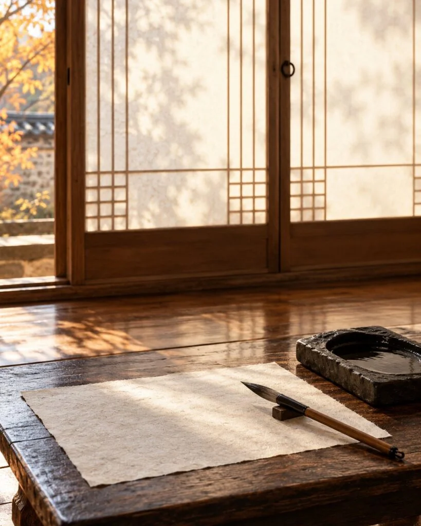 A brush writing Korean letters on traditional paper