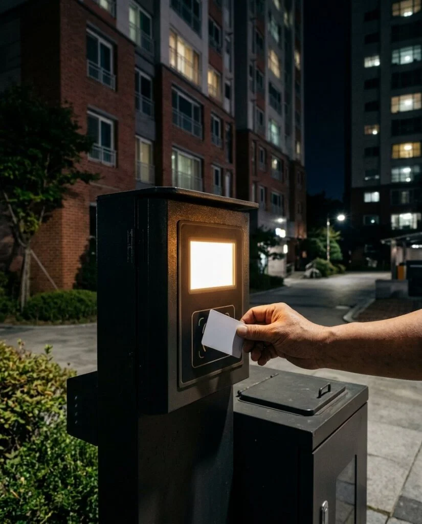 아파트 옆 음식물 계량기에 카드를 대는 손 — 무게만큼 요금이 매겨지는 RFID 종량기.