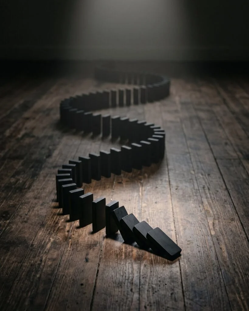 A long line of dominoes in a dim room, the first few just beginning to fall under a single beam of light.