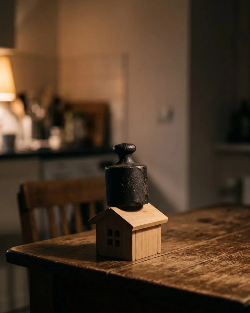 A small wooden toy house on a kitchen table under warm night lighting, with a heavy iron weight pressing on its roof.