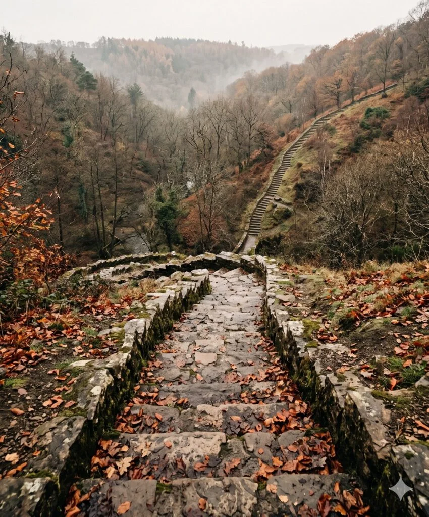 Old stone steps descending into a valley and climbing up the opposite hill in late autumn.