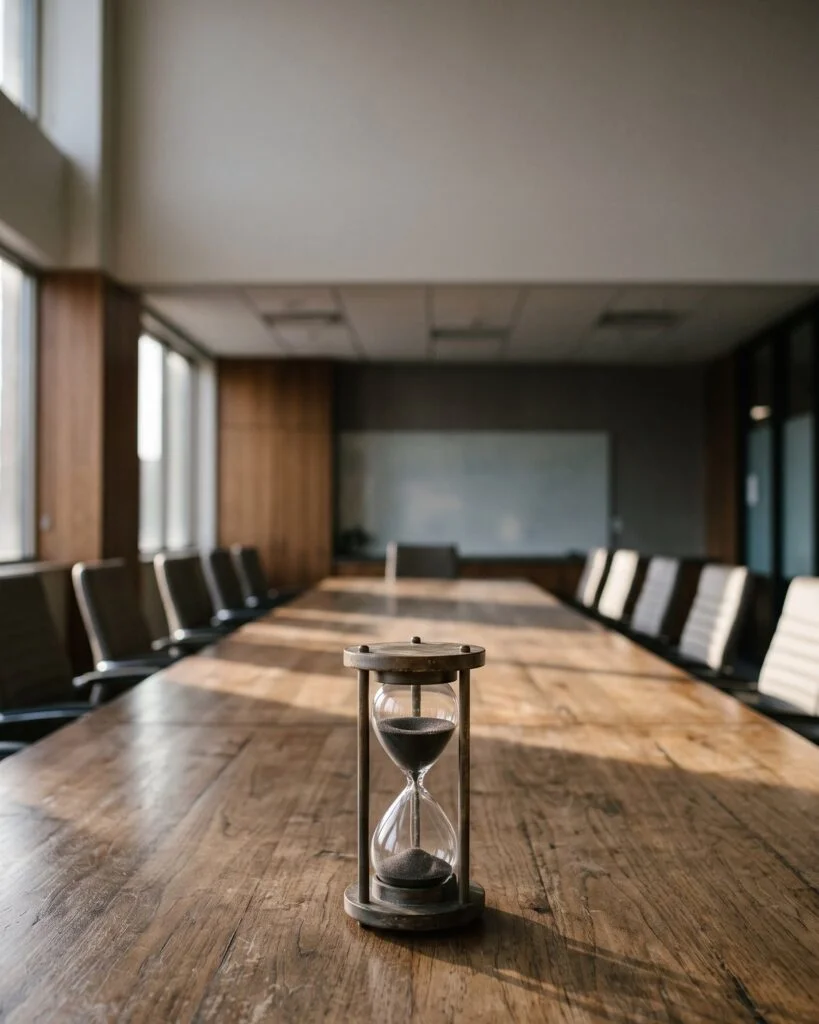 An hourglass on a long wooden table in an empty conference room, sand appearing almost still.