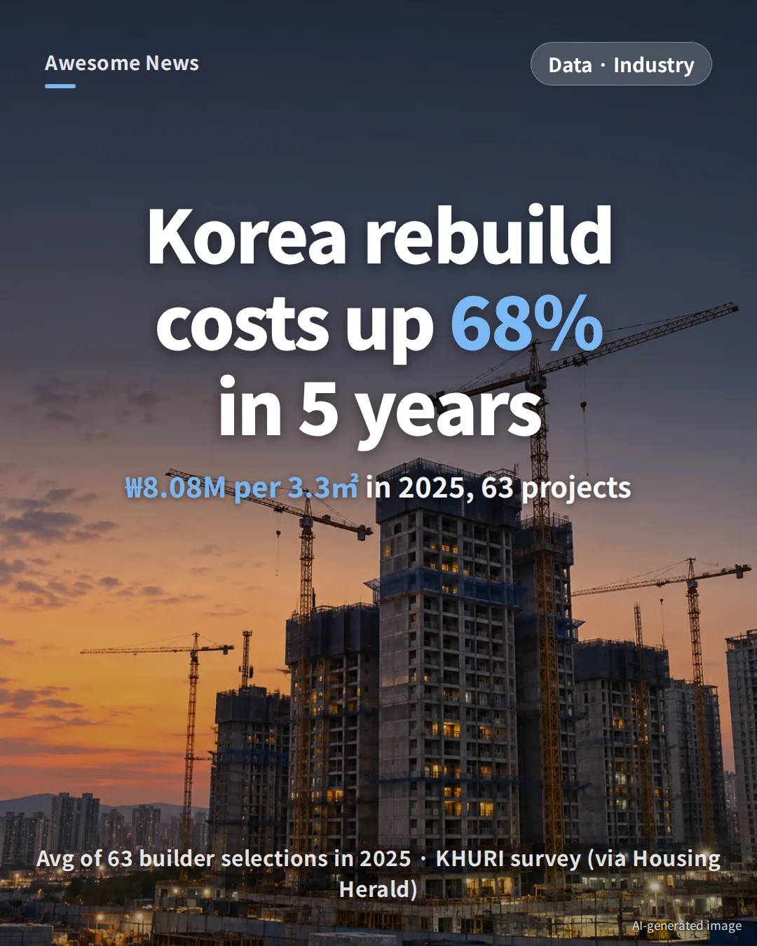 South Korea Redevelopment Costs 2025: +68% in 5 Years, ₩8.08M per 3.3㎡